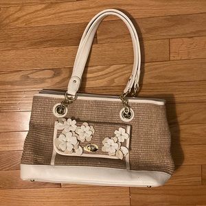Liz Claiborne straw and white leather bag with gold hardware